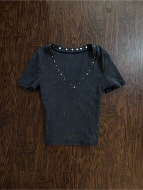 Women's Black V-Neck Short Sleeve Top with Stud Details
